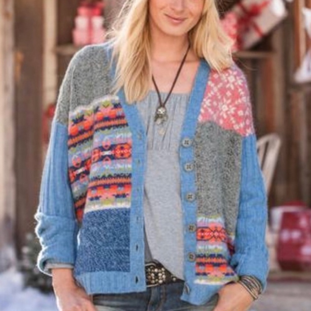 Sundance Purely Patchwork Cardigan Sweater Womens  Lambswool Knit Size M